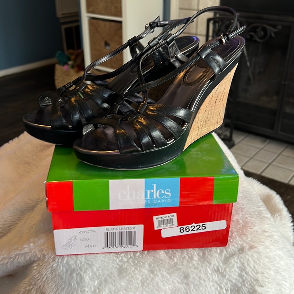 Charles by Charles David black leather wedges